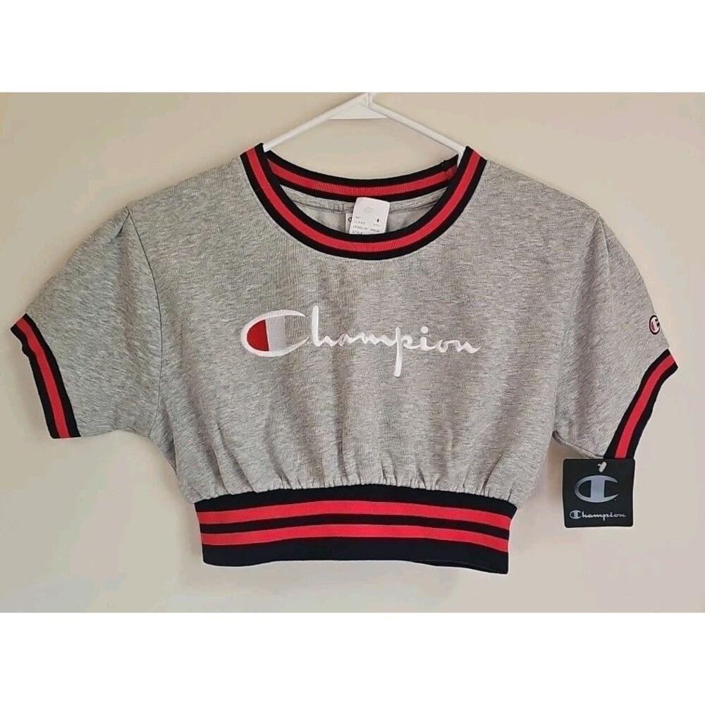 Champion Grey Ladies Crop Top Fleece Sweatshirt Short Sleeve Size XS